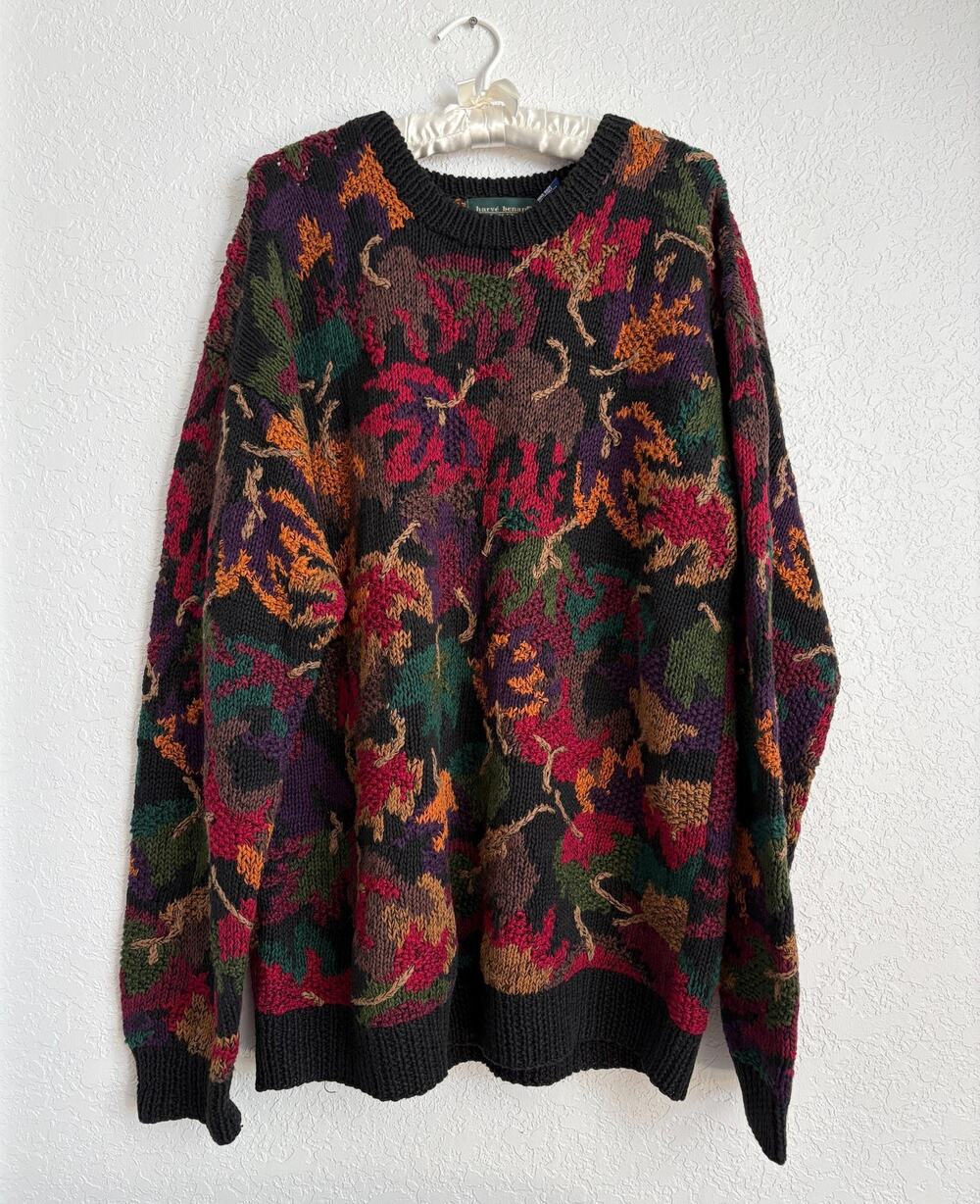 Vintage Harve Benard Hand Knitted Falling Leaves Oversized Chunky Sweater XL